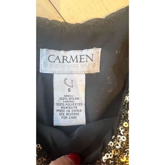Carmen Marc Valvo Black Gold Sequin Spaghetti Strap Camisole Blouse SZ S (4/6) - Picture 4 of 9